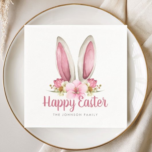 Niedlich Pink Floral Bunny Oars Happy Osterfeier Serviette