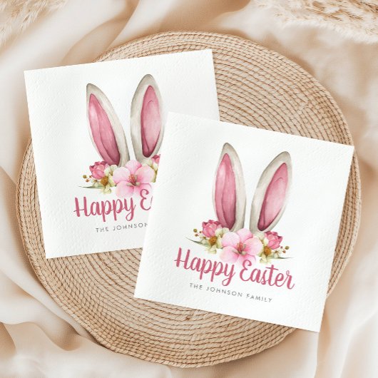 Niedlich Pink Floral Bunny Oars Happy Osterfeier Serviette