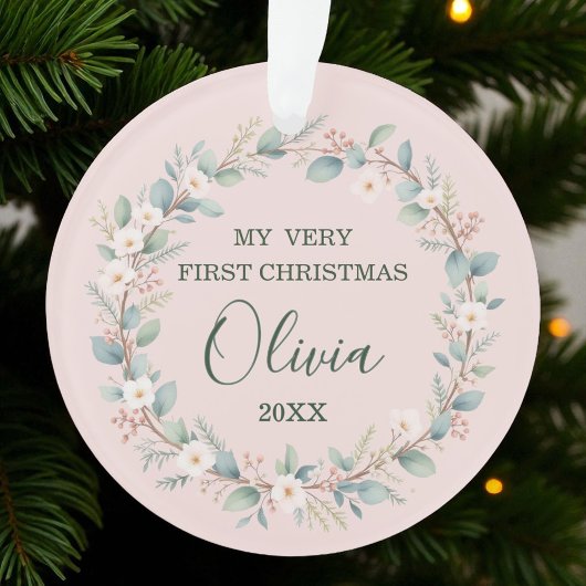 Niedlich Pink Floral Frame Baby's First Christmas Ornament