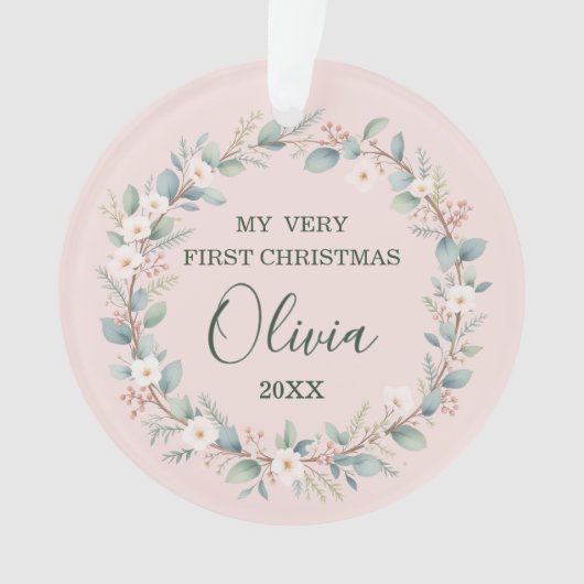 Niedlich Pink Floral Frame Baby's First Christmas Ornament (Vorderseite)