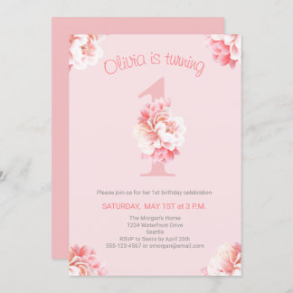 Niedlich Pink Floral Girl's First Birthday Party Einladung