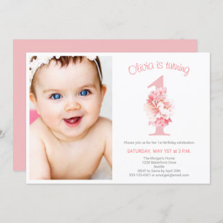 Niedlich Pink Floral Girl's Foto Erste Geburtstags Einladung