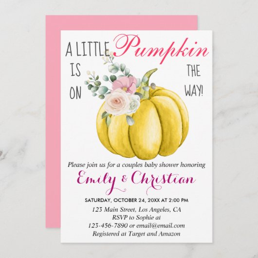 Niedlich Pink Floral Kleine Pumpkin Coupel Kinderd Einladung (Vorne/Hinten)