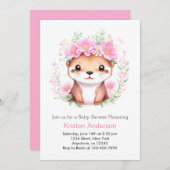 Niedlich Pink Floral Otter Girl Babydusche Einladung (Vorne/Hinten)