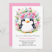 Niedlich Pink Floral Pinguin Wonderland Babydusche Einladung (Vorne/Hinten)