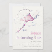 Niedlich Pink Flying Kite Sky Clouds Foto Geburtst Einladung (Vorderseite)