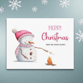 Niedlich Pink Frohe Weihnachten Snowman Marshmallo Postkarte