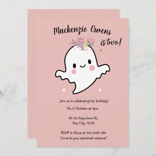 Niedlich Pink Ghost Birthday Einladung (Vorne/Hinten)