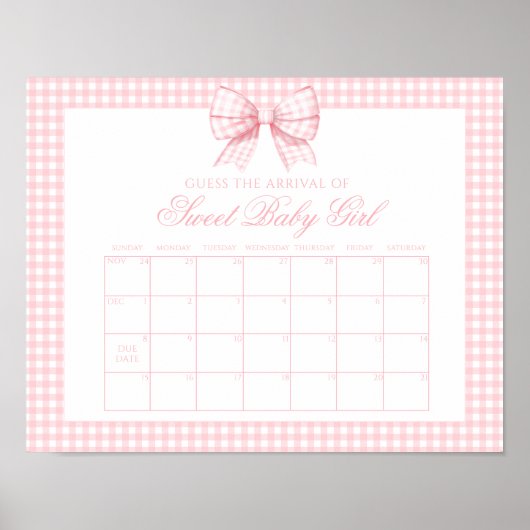 Niedlich Pink Gingham Bow Baby Due Date Poster (Vorne)