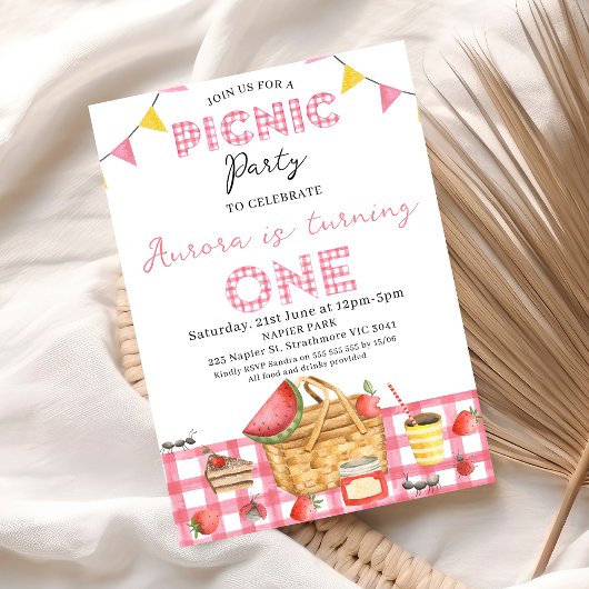 Niedlich Pink Gingham Bunting Flag Picnic 1. Gebur Einladung
