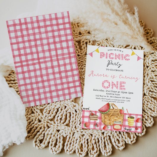 Niedlich Pink Gingham Bunting Flag Picnic 1. Gebur Einladung