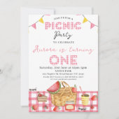 Niedlich Pink Gingham Bunting Flag Picnic 1. Gebur Einladung (Vorderseite)