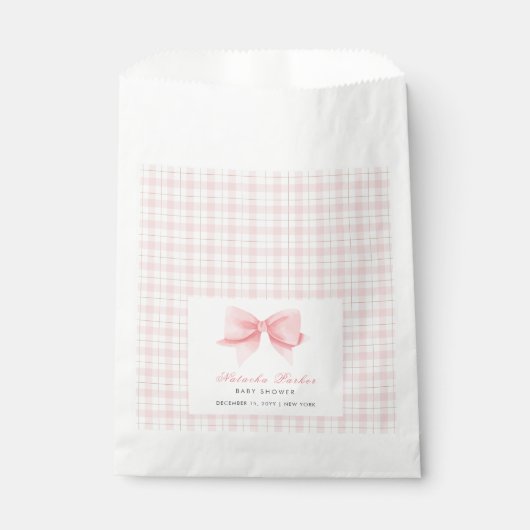 Niedlich Pink Gingham Kariert Bow Girl Baby Dusche Geschenktütchen (Vorderseite)