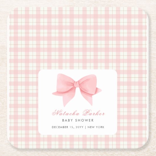 Niedlich Pink Gingham Kariert Bow Girl Baby Dusche Rechteckiger Pappuntersetzer (Vorderseite)