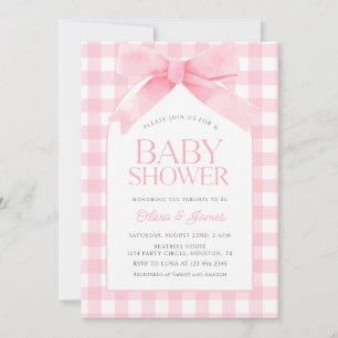 Niedlich Pink Gingham mit Bow Girl Baby Dusche Einladung