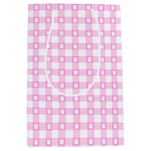Niedlich Pink Gingham Paw Prints Gift Bag Mittlere Geschenktüte (Vorderseite)