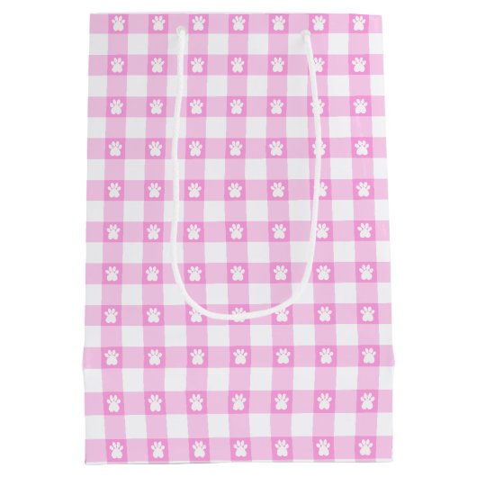 Niedlich Pink Gingham Paw Prints Gift Bag Mittlere Geschenktüte (Rückseite)