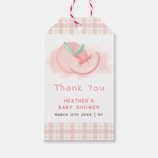 Niedlich Pink Gingham Peach Baby Dusche Danke Geschenkanhänger (Vorderseite)