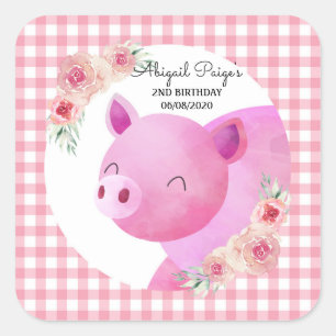 Niedlich Pink Gingham Pig Floral Geburtstag Quadratischer Aufkleber