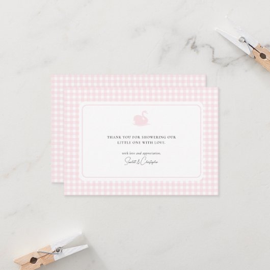 Niedlich Pink Gingham Swan Babydusche Danke Karte (Vorderseite/Rückseite Beispiel)