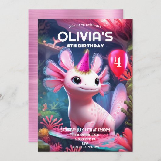 Niedlich Pink Girl Axolotl Geburtstag Einladung (Vorne/Hinten)