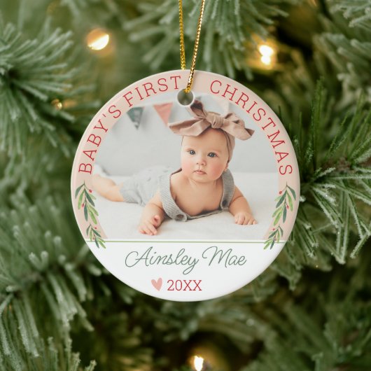 Niedlich Pink Girl Baby's First Christmas Foto Nam Keramik Ornament (Baum)