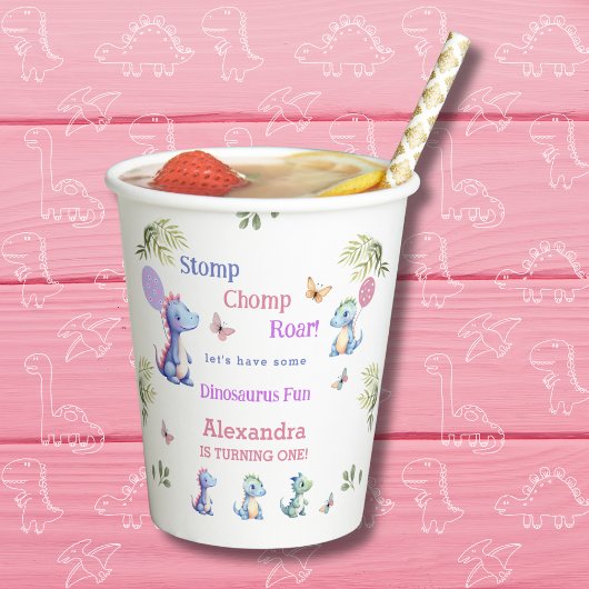 Niedlich Pink Girl Dinosaur 1. Geburtstag Party Pappbecher