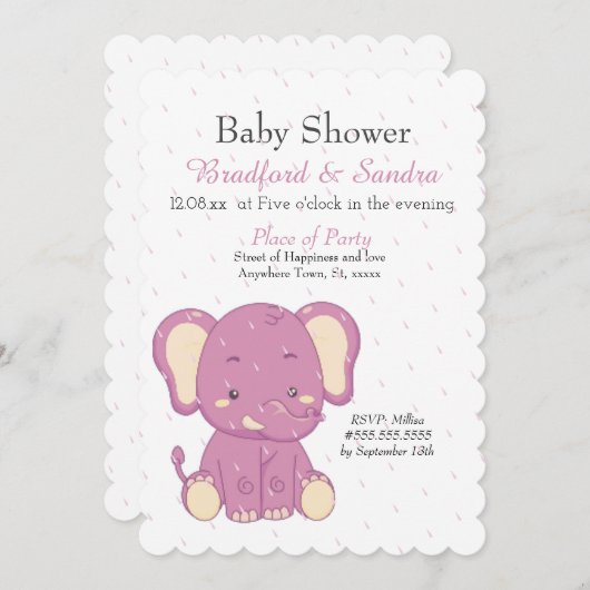 Niedlich Pink Girl Elephant Simple Baby Dusche Einladung (Vorne/Hinten)