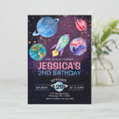 Niedlich Pink Girl Party Astronaut Geburtstag Post Einladung (Stehend Vorderseite)