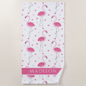Niedlich Pink Girly Flamingo Liebe Herz Personalis Strandtuch (Vorderseite)