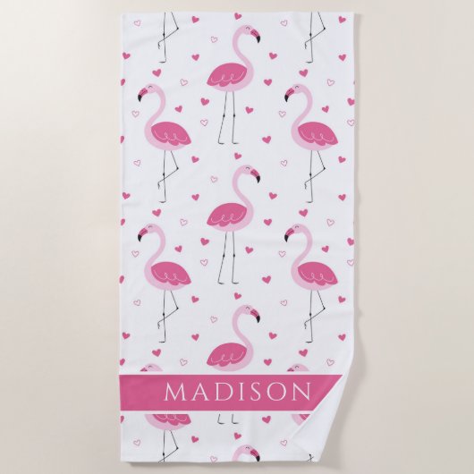 Niedlich Pink Girly Flamingo Liebe Herz Personalis Strandtuch (Vorderseite)