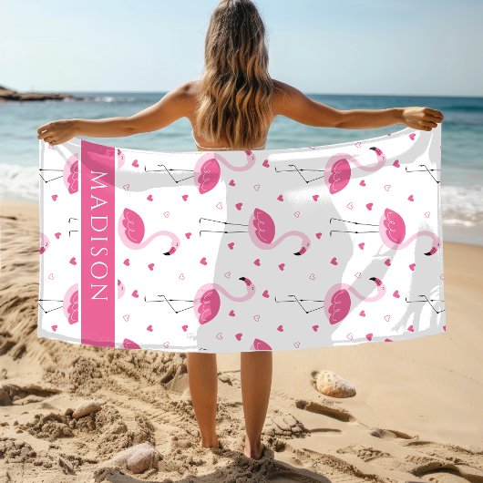 Niedlich Pink Girly Flamingo Liebe Herz Personalis Strandtuch