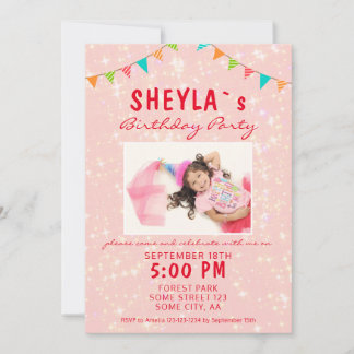 Niedlich Pink Glitzer Girly Birthday Party Foto Einladung