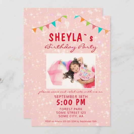 Niedlich Pink Glitzer Girly Birthday Party Foto Einladung (Vorne/Hinten)