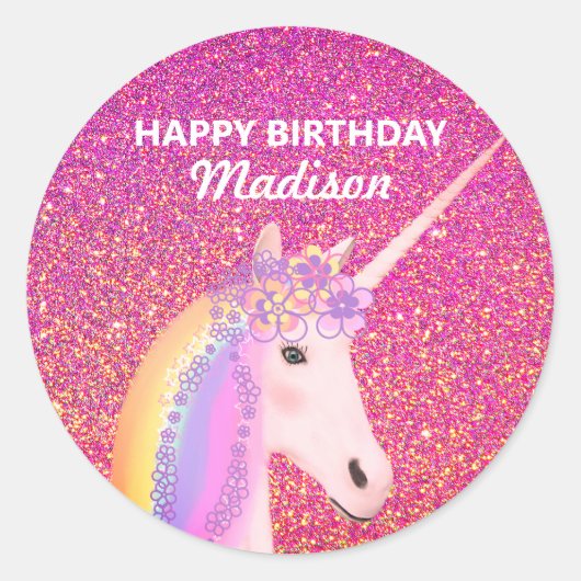 Niedlich Pink Glitzer Happy Birthday Unicorn Runder Aufkleber (Vorderseite)