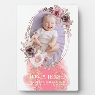 Niedlich Pink Gold Floral Watercolor Baby Geburtss Fotoplatte