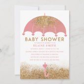 Niedlich Pink Gold Glitzer Umbrella Baby Dusche Einladung (Vorderseite)