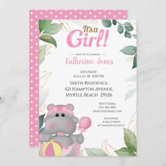 Niedlich Pink Gold Hippo Kinderdusche Einladung (Vorne/Hinten)