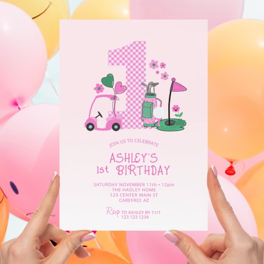 Niedlich Pink Golf 1. Geburtstag Einladung