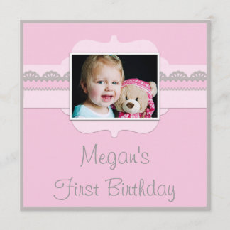 Niedlich Pink & Gray Baby 1. Geburtstag Foto hinzu Einladung