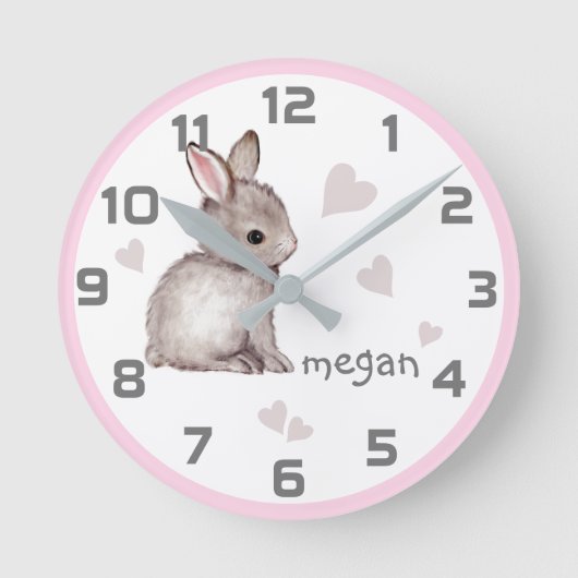 Niedlich Pink Gray Bunny Heath Wall Clock Runde Wanduhr (Vorderseite)