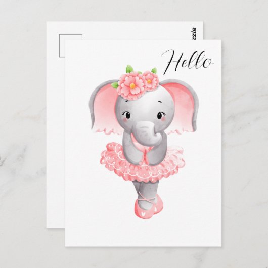 Niedlich Pink & Gray Elephant Ballerina Postkarte (Vorne/Hinten)