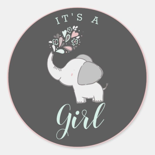 Niedlich Pink Gray & Mint Elefant Es ist ein Girl  Runder Aufkleber (Vorderseite)