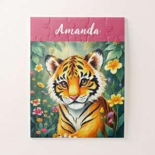 Niedlich Pink & Green Aquarell Tiger Kids Name Puzzle