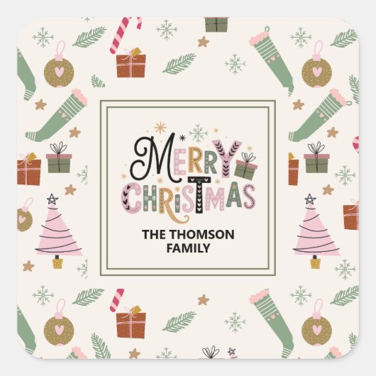 Niedlich Pink Green Doddle Frohe Weihnachten Quadratischer Aufkleber (Vorderseite)