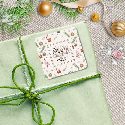 Niedlich Pink Green Doddle Frohe Weihnachten Quadratischer Aufkleber