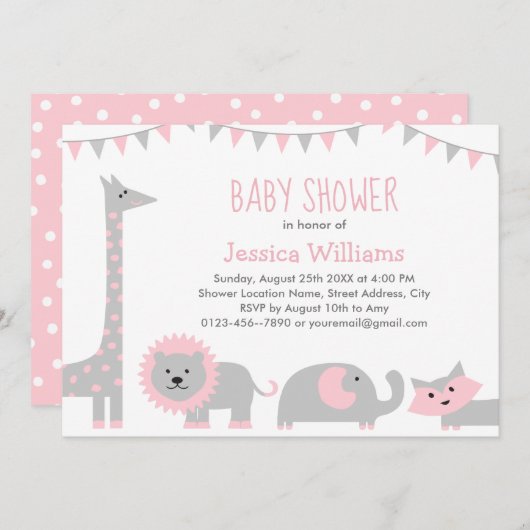 Niedlich Pink Grey Animals Kinderdusche Einladung (Vorne/Hinten)