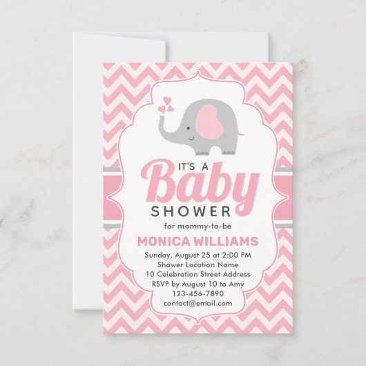 Niedlich Pink Grey Elephant Girl Babydusche Einladung (Vorderseite)