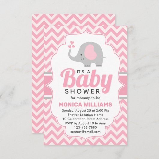 Niedlich Pink Grey Elephant Girl Babydusche Einladung (Vorne/Hinten)