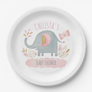 Niedlich Pink Grey Elephant Girl Babydusche Pappteller